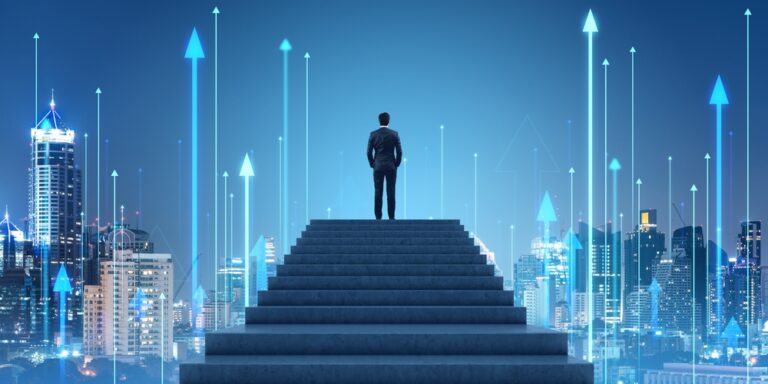 Businessman,Climbed,The,Stairs,,Bangkok,Skyscrapers,At,Night,,Double,Exposure