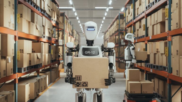 Futuristic,Humanoid,Robot,Transports,A,Cardboard,Package,In,A,Distribution